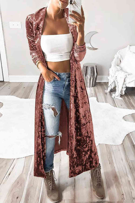 Open Front Long Sleeve Longline Velvet Cardigan Luvéillé