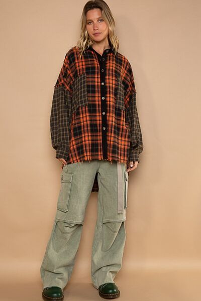 POL Plaid Contrast Long Sleeve Raw Hem Shacket with Chest Pockets Luvéillé