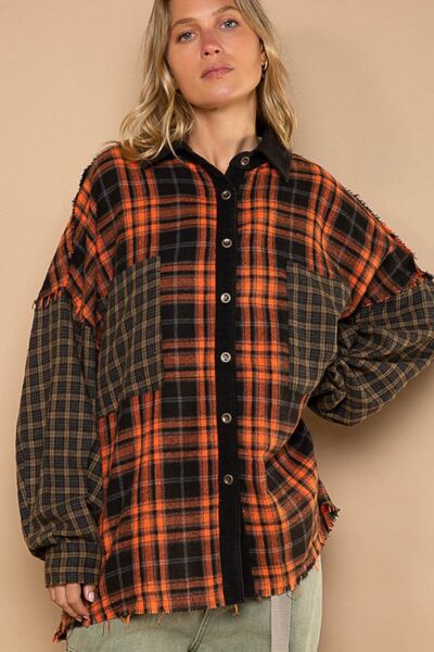 POL Plaid Contrast Long Sleeve Raw Hem Shacket with Chest Pockets Luvéillé