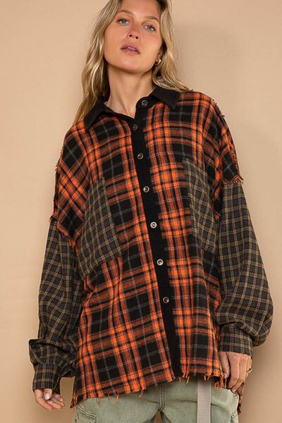 POL Plaid Contrast Long Sleeve Raw Hem Shacket with Chest Pockets Luvéillé