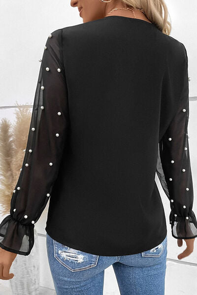 Pearl Detail V-Neck Flounce Sleeve Blouse Luvéillé