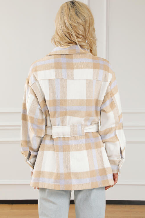 Plaid Tie Front Collared Neck Jacket Luvéillé
