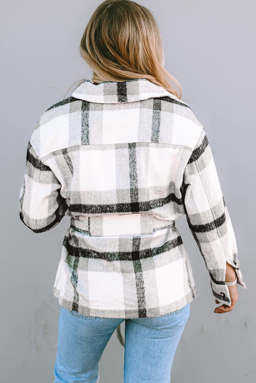 Plaid Tie Front Collared Neck Jacket Luvéillé