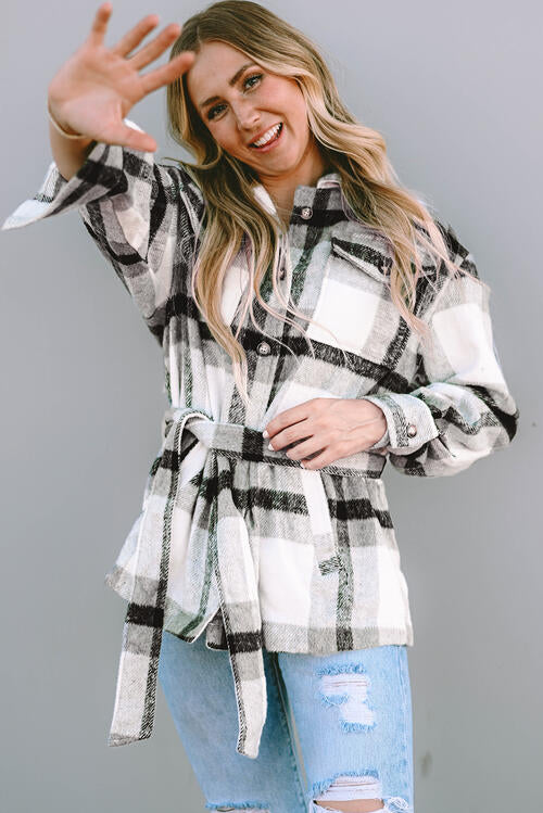 Plaid Tie Front Collared Neck Jacket Luvéillé