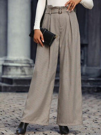 Plaid Wide Leg Pants With Belt Luvéillé
