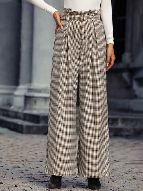 Plaid Wide Leg Pants With Belt Luvéillé