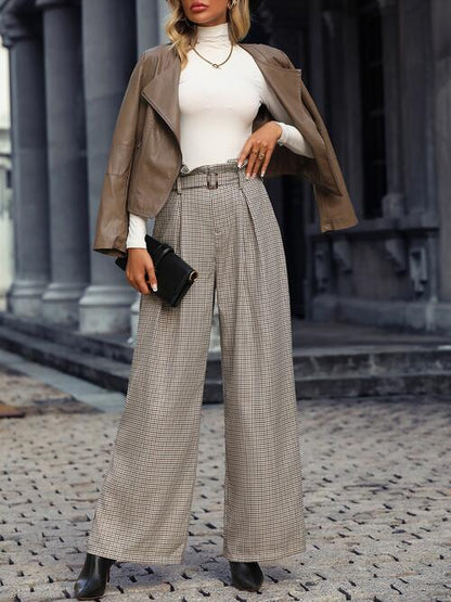 Plaid Wide Leg Pants With Belt Luvéillé