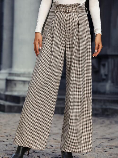 Plaid Wide Leg Pants With Belt Luvéillé