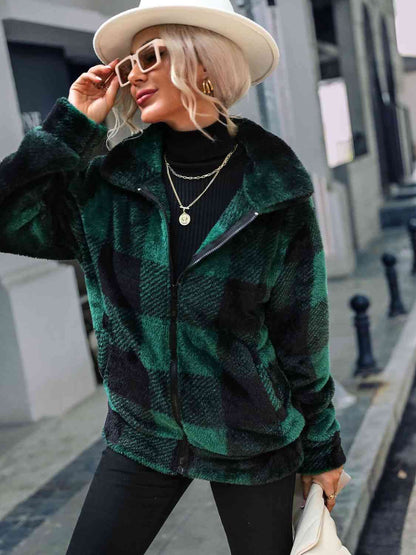 Plaid Zip-Up Collared Jacket Luvéillé