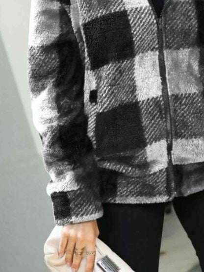 Plaid Zip-Up Collared Jacket Luvéillé
