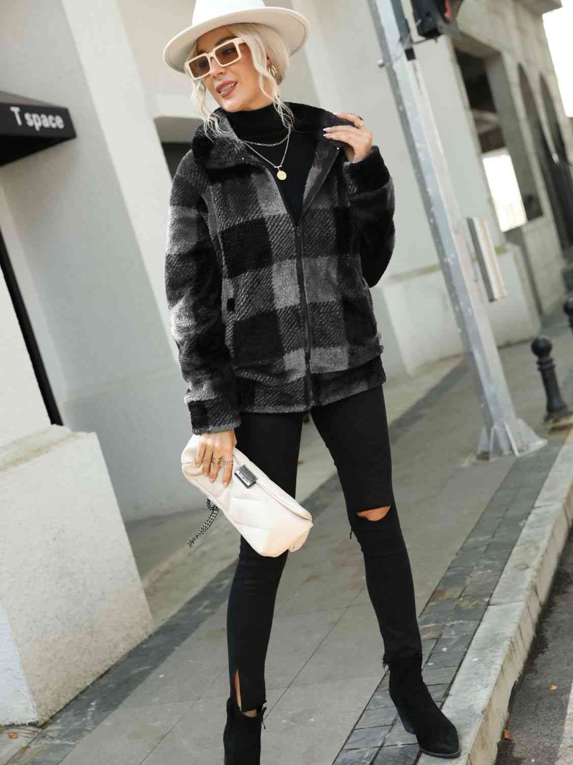Plaid Zip-Up Collared Jacket Luvéillé