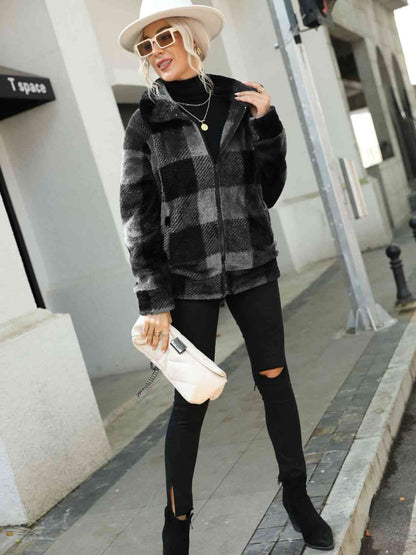 Plaid Zip-Up Collared Jacket Luvéillé