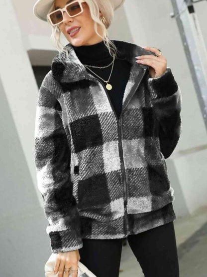Plaid Zip-Up Collared Jacket Luvéillé