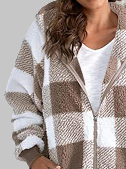 Plaid Zip-Up Hooded Jacket with Pockets Luvéillé