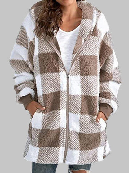Plaid Zip-Up Hooded Jacket with Pockets Luvéillé