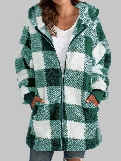 Plaid Zip-Up Hooded Jacket with Pockets Luvéillé