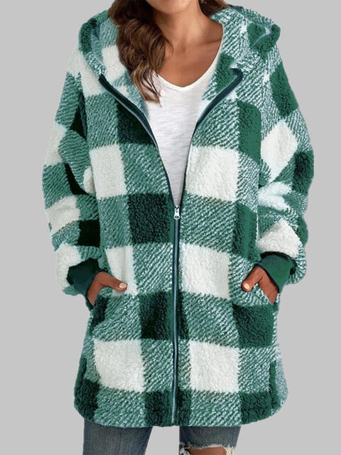 Plaid Zip-Up Hooded Jacket with Pockets Luvéillé