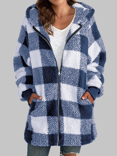 Plaid Zip-Up Hooded Jacket with Pockets Luvéillé