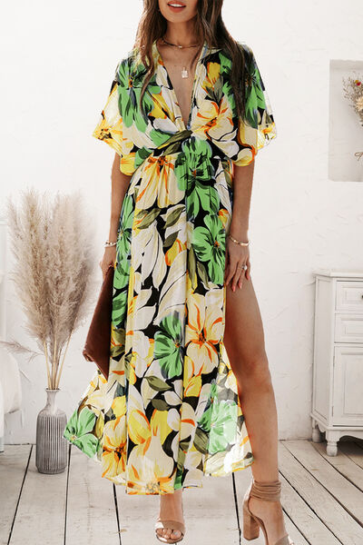 Plunge Split Printed Short Sleeve Dress Luvéillé