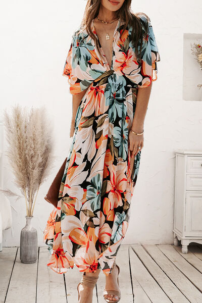 Plunge Split Printed Short Sleeve Dress Luvéillé