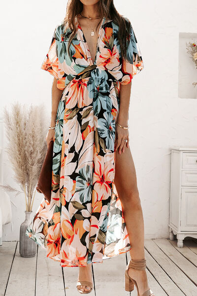 Plunge Split Printed Short Sleeve Dress Luvéillé