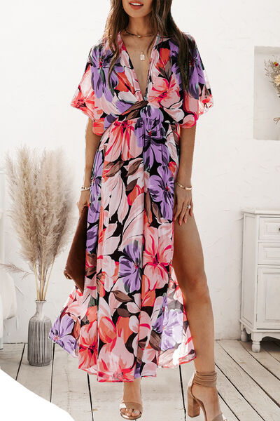 Plunge Split Printed Short Sleeve Dress Luvéillé