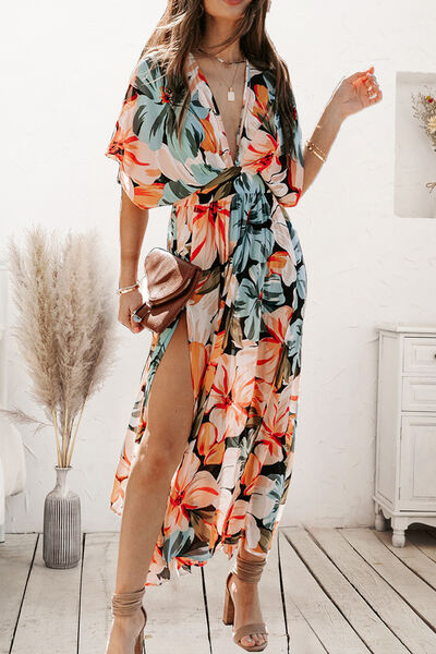 Plunge Split Printed Short Sleeve Dress Luvéillé