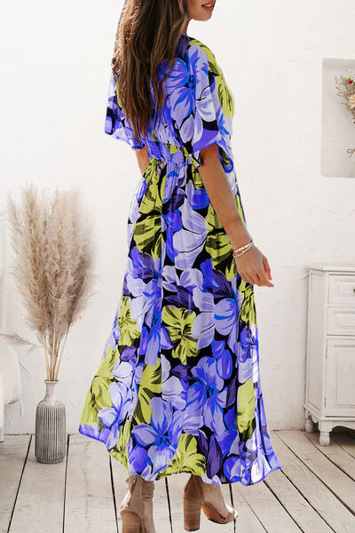 Plunge Split Printed Short Sleeve Dress Luvéillé