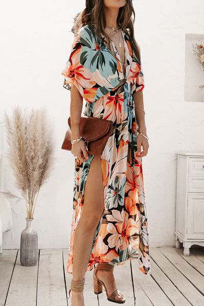 Plunge Split Printed Short Sleeve Dress Luvéillé