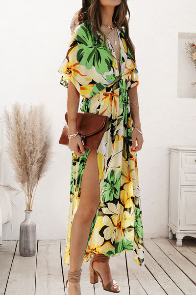 Plunge Split Printed Short Sleeve Dress Luvéillé