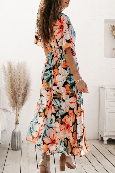 Plunge Split Printed Short Sleeve Dress Luvéillé