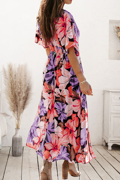 Plunge Split Printed Short Sleeve Dress Luvéillé