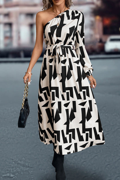 Printed One-Shoulder Tie Waist Dress Luvéillé