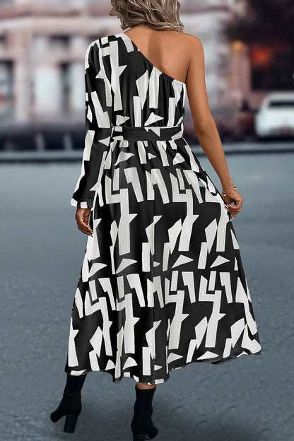 Printed One-Shoulder Tie Waist Dress Luvéillé