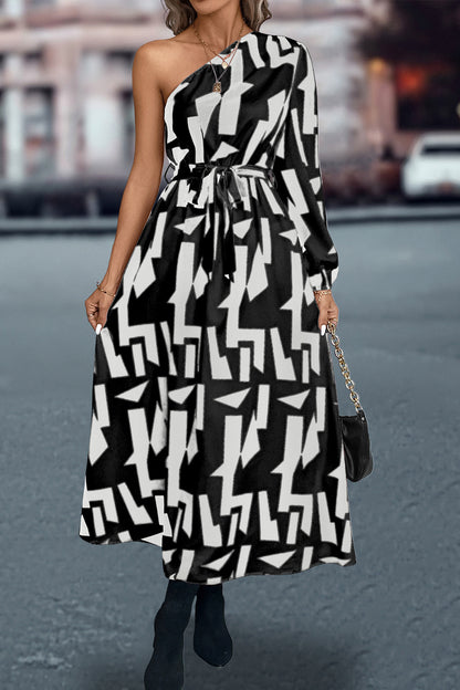 Printed One-Shoulder Tie Waist Dress Luvéillé