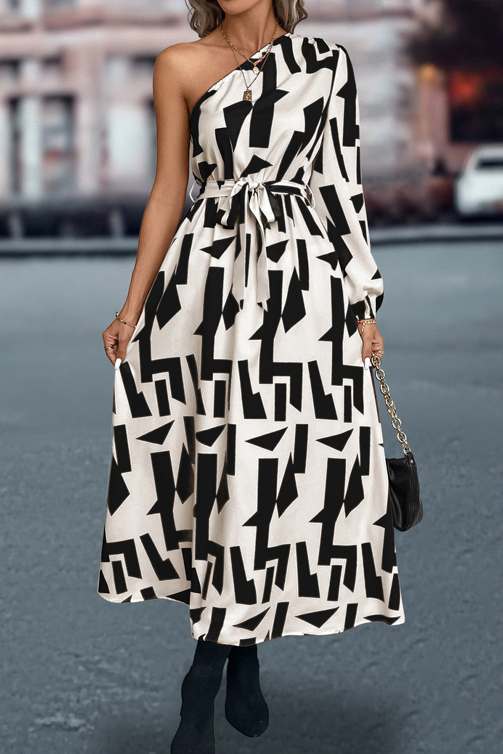 Printed One-Shoulder Tie Waist Dress Luvéillé