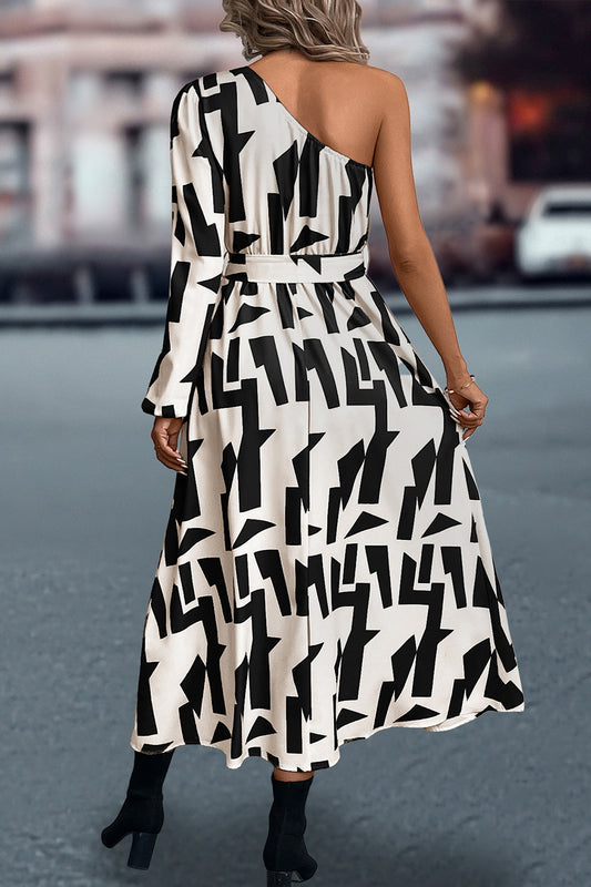 Printed One-Shoulder Tie Waist Dress Luvéillé