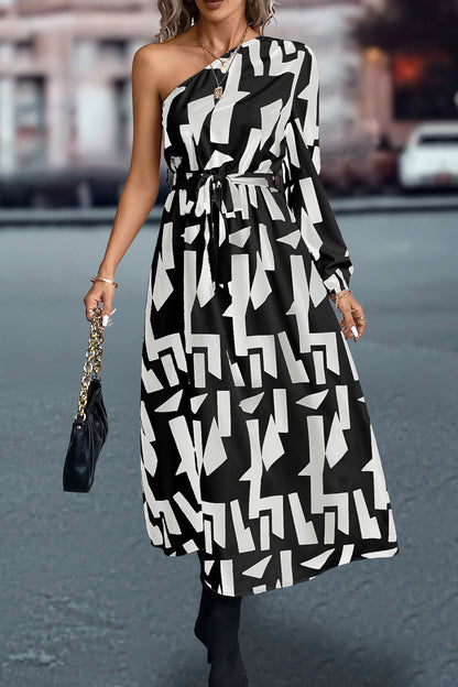 Printed One-Shoulder Tie Waist Dress Luvéillé