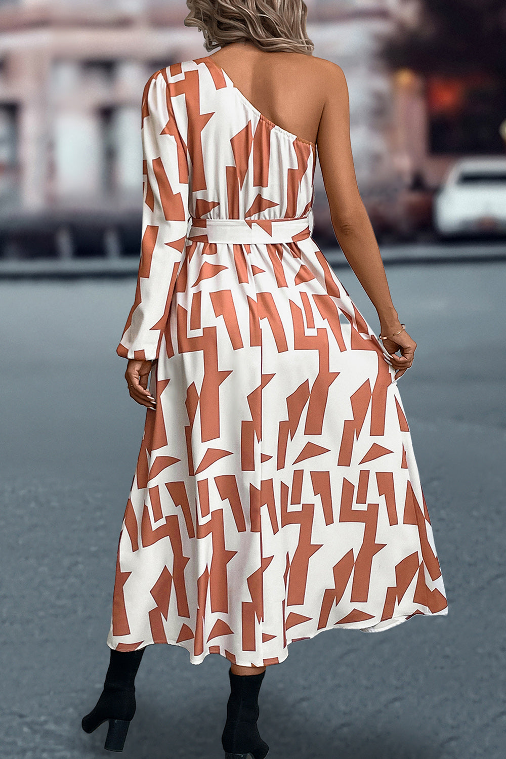 Printed One-Shoulder Tie Waist Dress Luvéillé