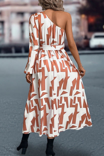 Printed One-Shoulder Tie Waist Dress Luvéillé