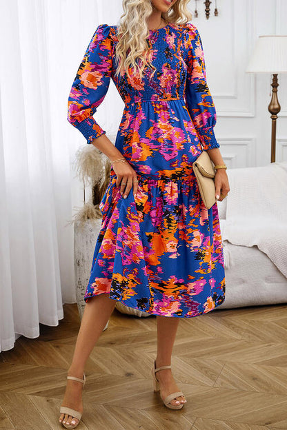 Printed Smocked Lantern Sleeve Ruffled Dress Luvéillé