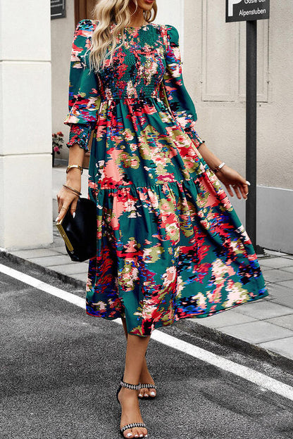 Printed Smocked Lantern Sleeve Ruffled Dress Luvéillé