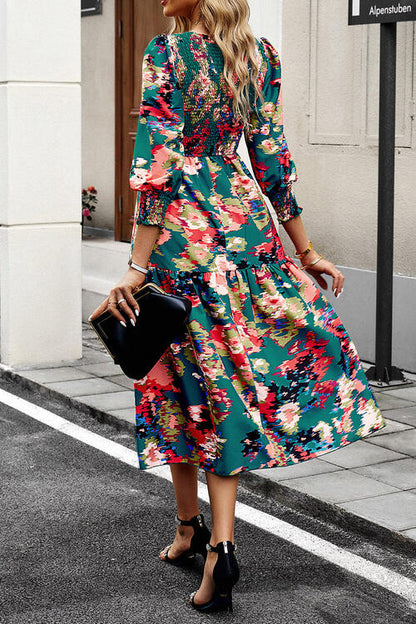 Printed Smocked Lantern Sleeve Ruffled Dress Luvéillé