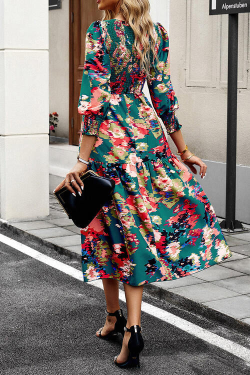 Printed Smocked Lantern Sleeve Ruffled Dress Luvéillé