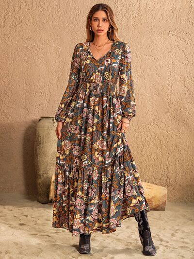 Printed Tie Neck Balloon Sleeve Dress Luvéillé