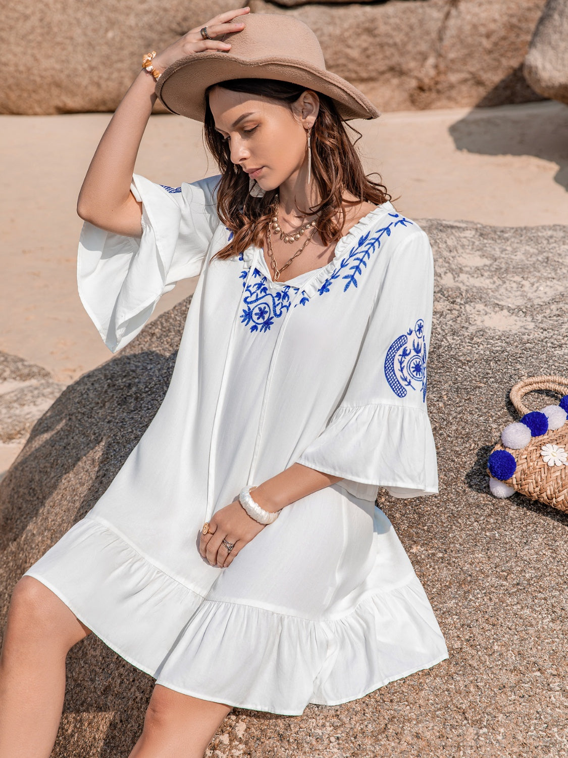 Printed Tie Neck Flounce Sleeve Mini Dress Luvéillé