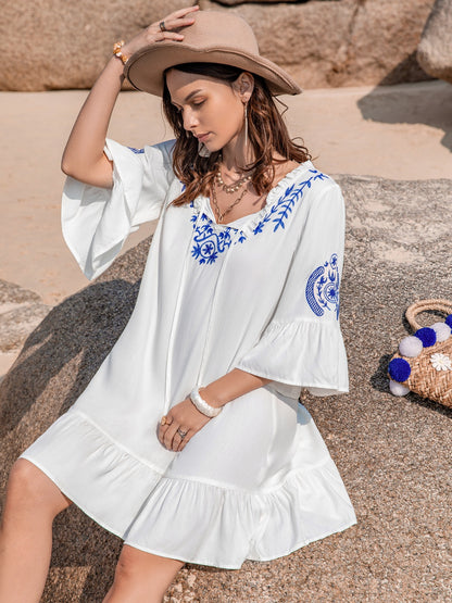 Printed Tie Neck Flounce Sleeve Mini Dress Luvéillé