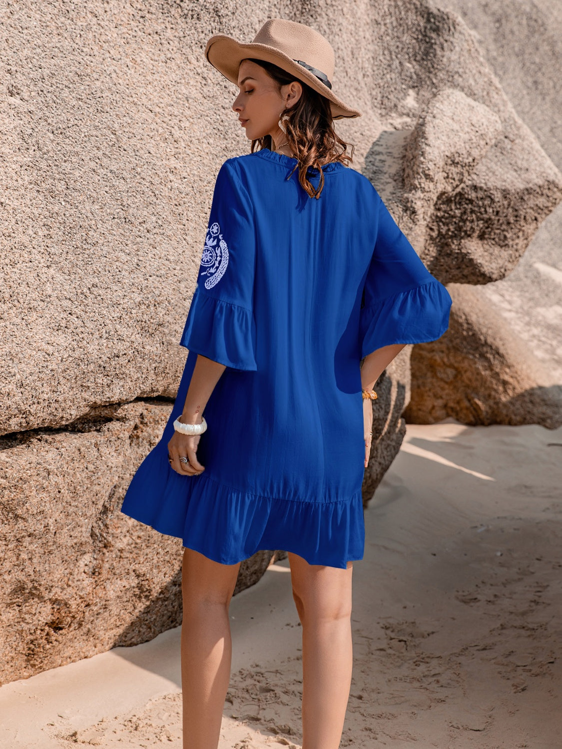 Printed Tie Neck Flounce Sleeve Mini Dress Luvéillé