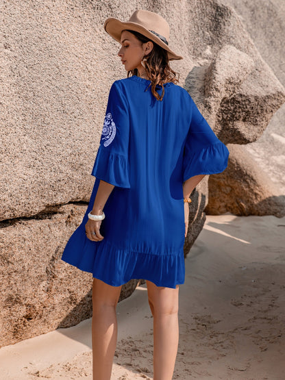 Printed Tie Neck Flounce Sleeve Mini Dress Luvéillé