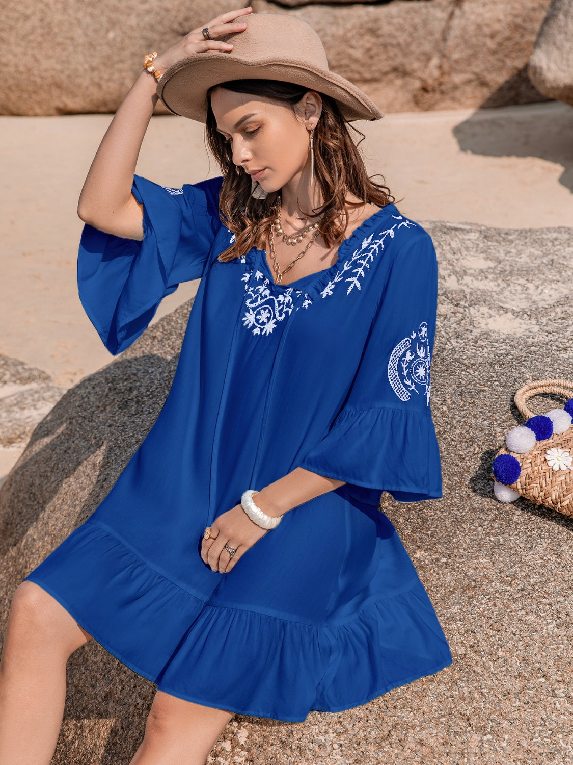 Printed Tie Neck Flounce Sleeve Mini Dress Luvéillé